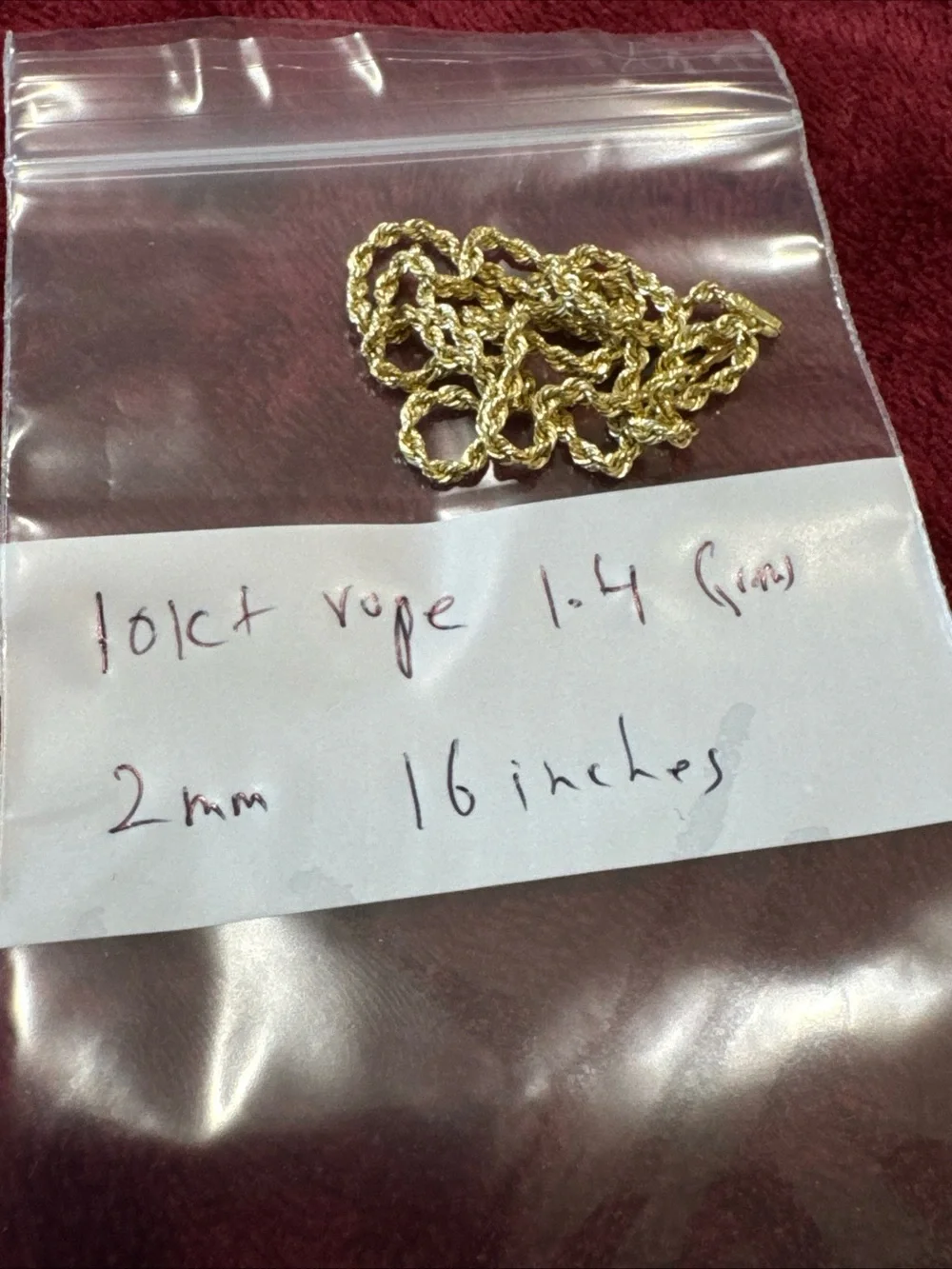 10K Yellow Gold Rope Chain 16” 2mm 1.4g Broken Needs Solder Lobster Clasp